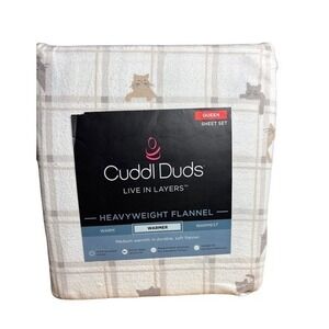 Cuddl Duds Queen Heavyweight Flannel Sheet Set Playful Cats Plaid Gift NEW
